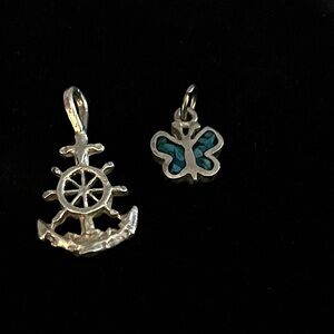 Set of 2 Sterling Silver Anchor & Turquoise Chip Butterfly Necklace Pendants